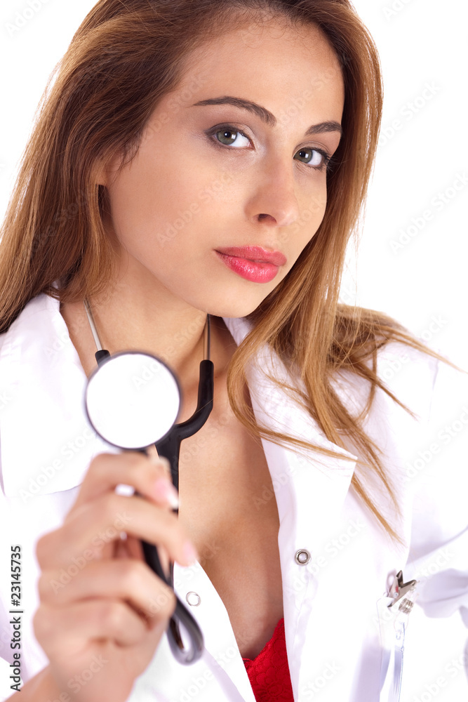 Close up shot of young woman wearing doctor coat