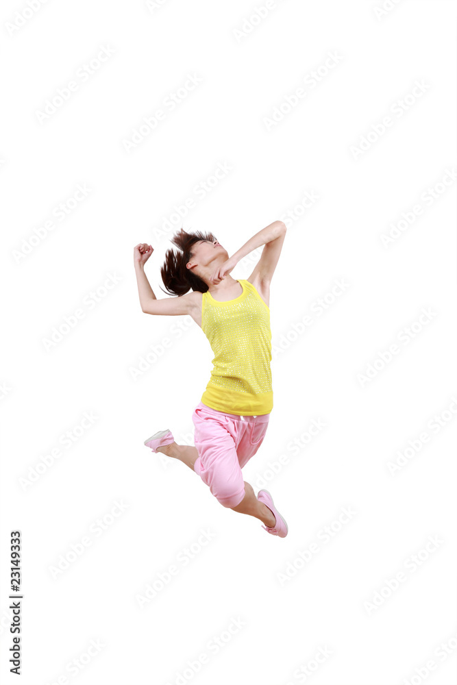 Girl jumping isolated on white background .