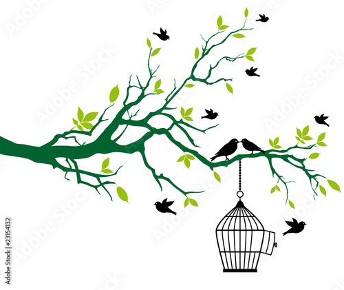 spring tree with birdcage and kissing birds