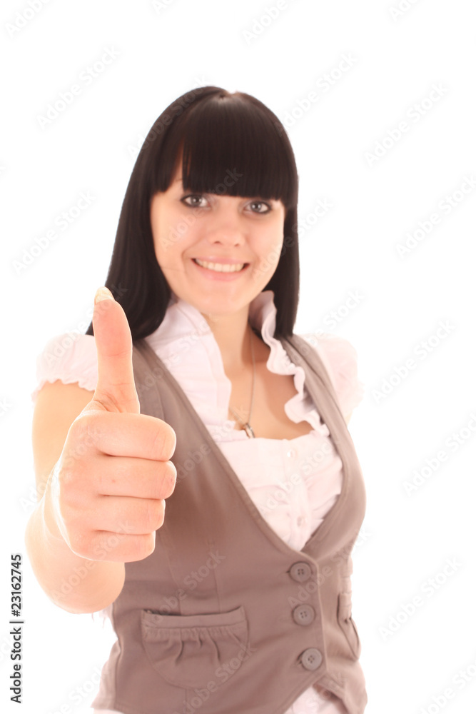 Woman make thumbs up gesture isolated on white Woman make thumbs up gesture isolated on white