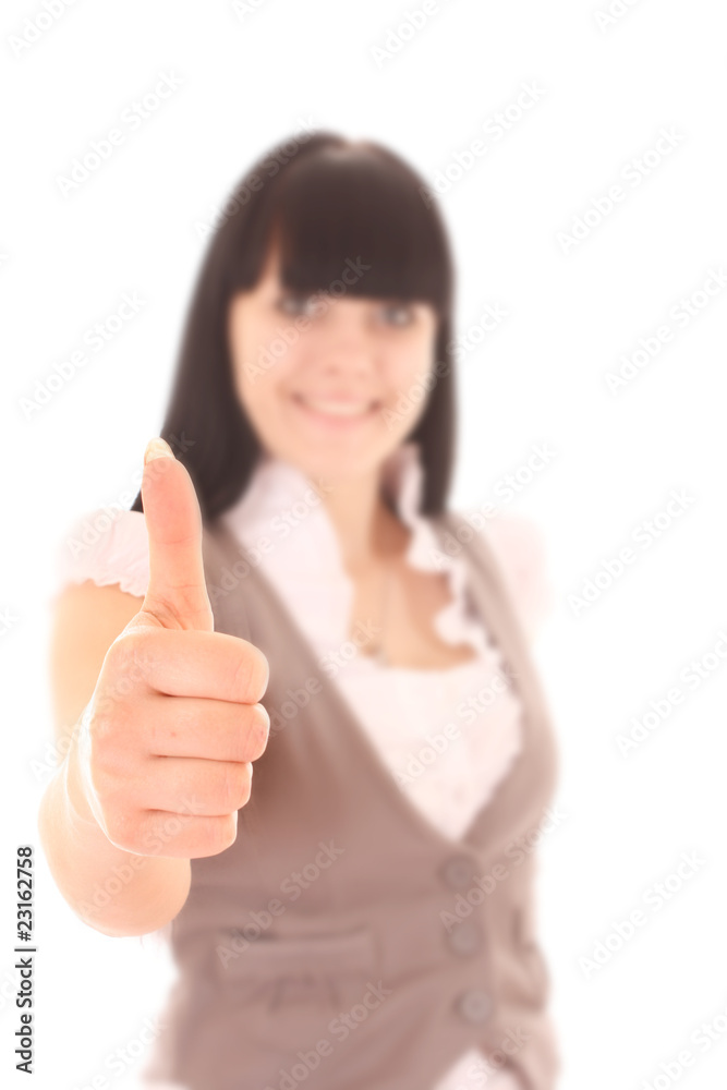 Woman make thumbs up gesture isolated on white Woman make thumbs up gesture isolated on white