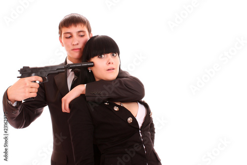 Εκτύπωση καμβά Man take woman as hostage isolated on white