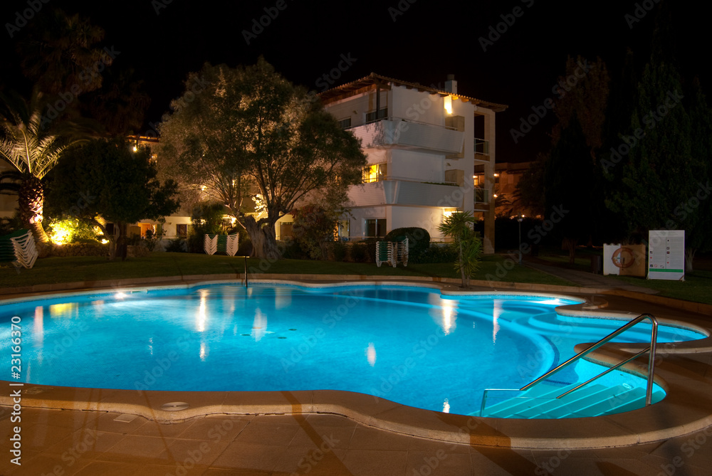 Quiet swimming pool at night