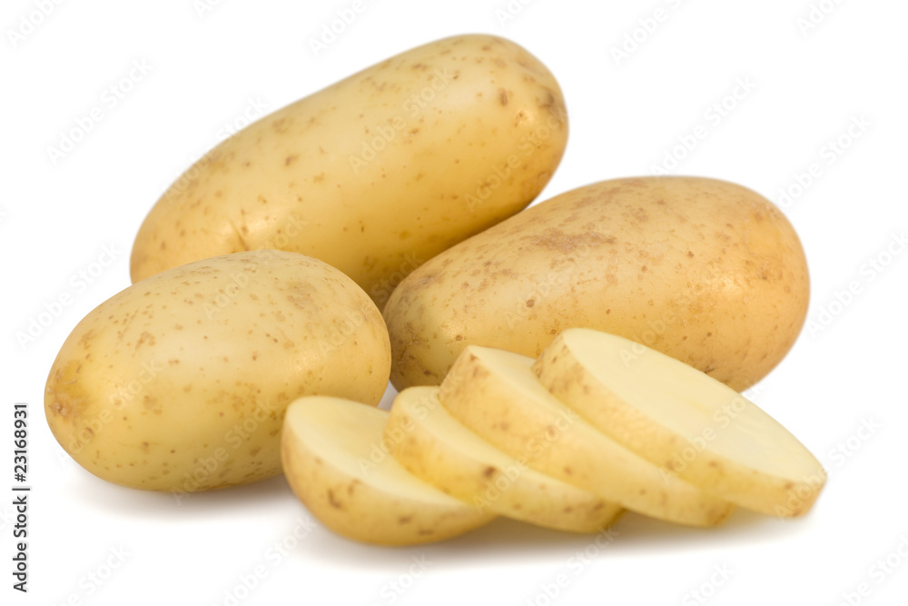 Fresh potatoes and slices on white background Fresh potatoes and slices on white background