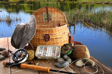 Traditional fly-fishing rod with equipment