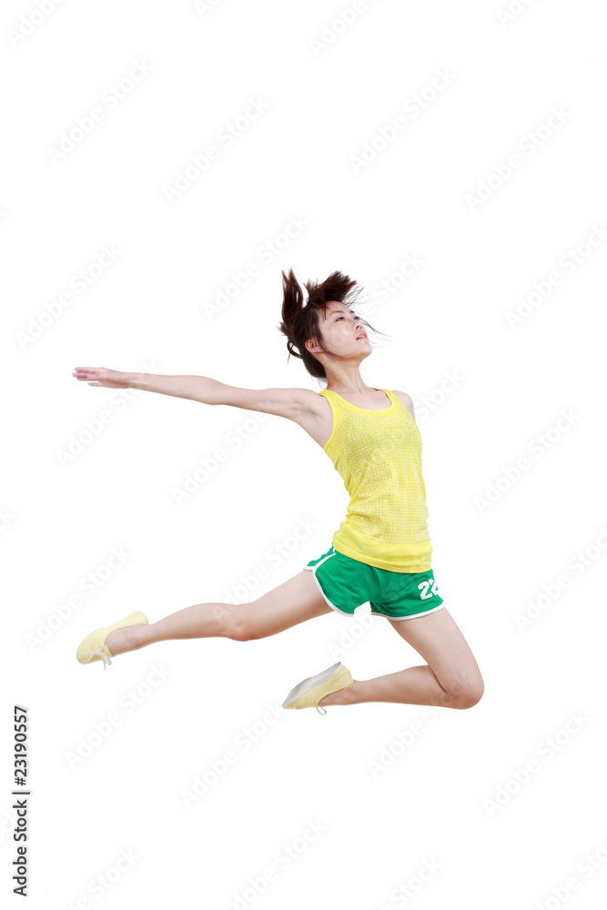 Girl jumping isolated on white background .