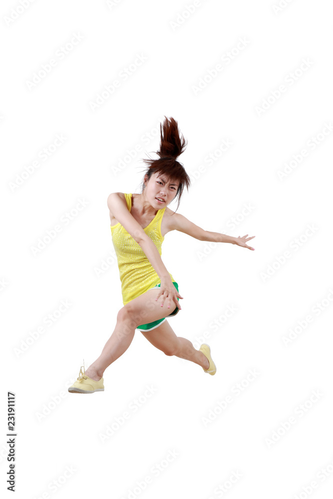 Girl jumping isolated on white background .