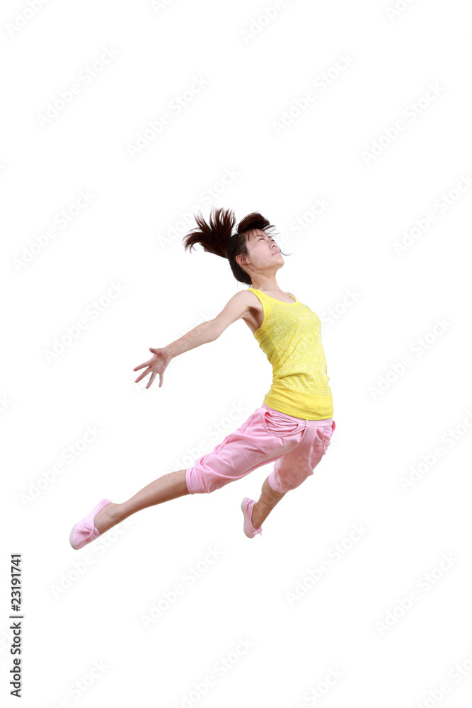 Girl jumping isolated on white background .