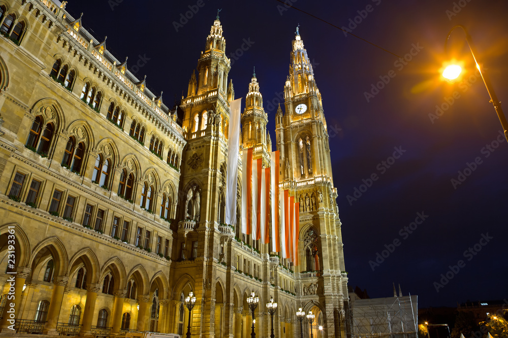 Town hall in Vienna at night, Austria