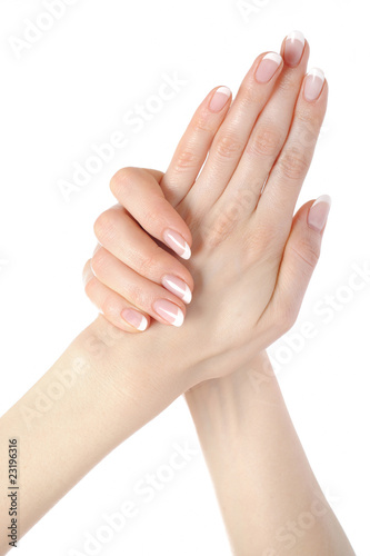 Beautiful hands with perfect nail french manicure