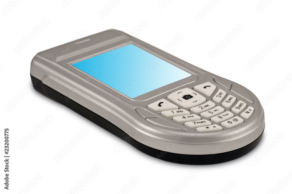 Toy phone with blue screen, isolated on white background Toy phone with blue screen, isolated on white background