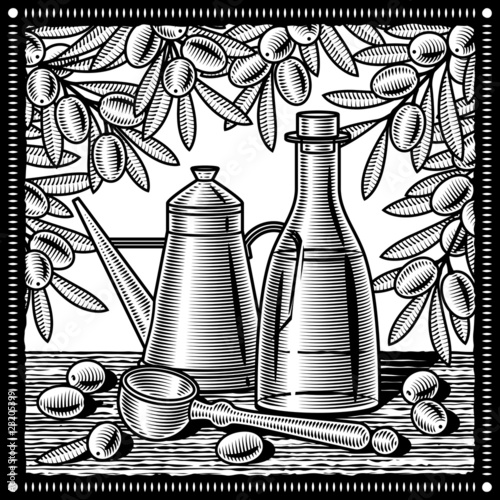 Retro olive oil still life black and white