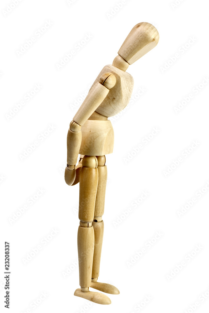 Wooden mannequin look down isolated on white
