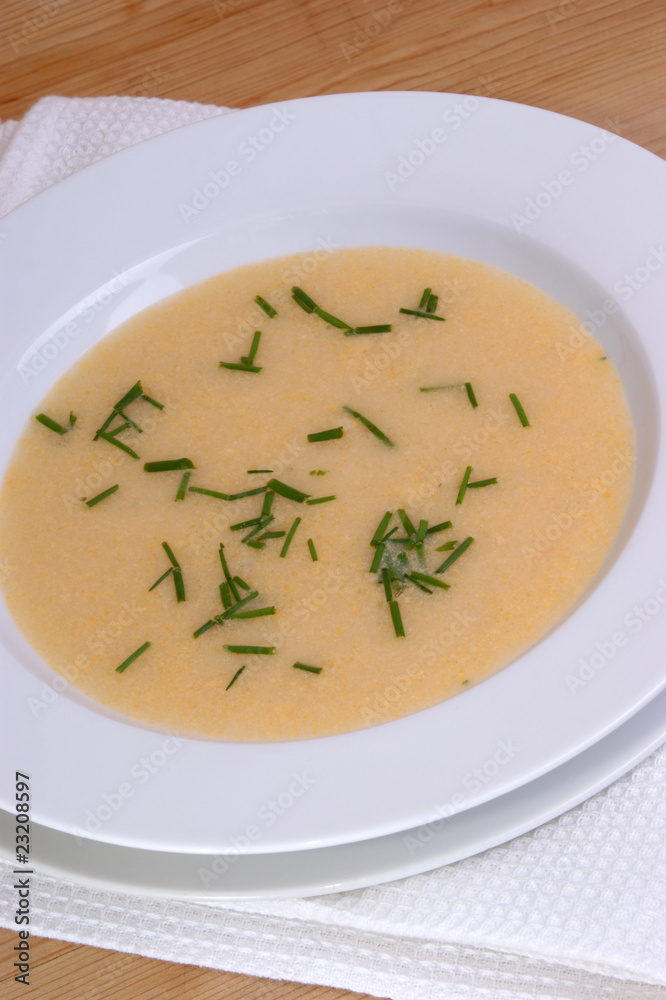 feine Tomatencremesuppe in einem weissen Teller