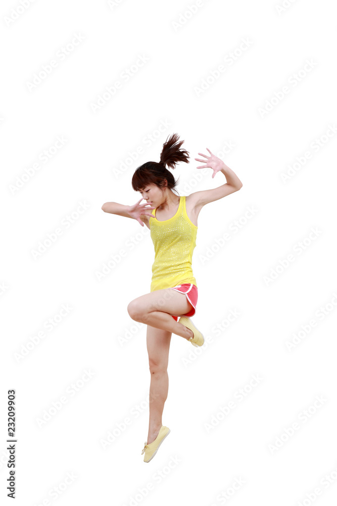 Girl jumping isolated on white background .