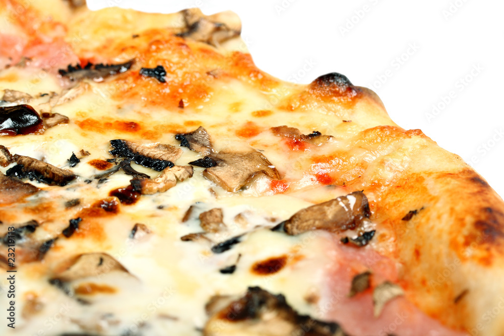 Fresh baked pizza with mushrooms and cheese on white