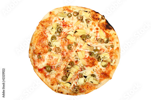 Fresh baked round pizza with olives isolated on white