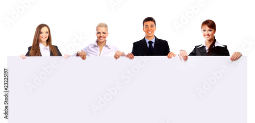 group of business people holding a banner