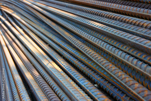 Closeup of concrete reinforcement steel rods in warehouse
