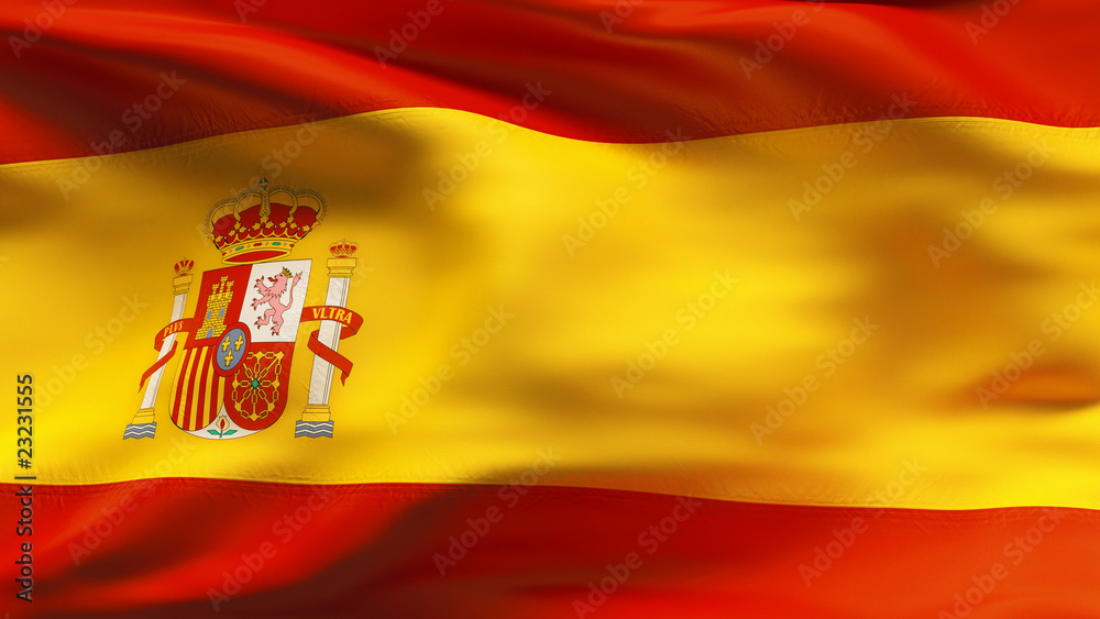 Creased Spanish satin flag in wind with seams and wrinkle Creased Spanish satin flag in wind with seams and wrinkle