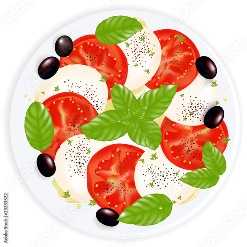 Caprese Salad With Mozzarella, Basil, Black Olives And Olive Oil