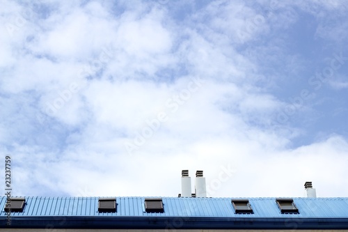 blue steel roof skylight windown chimney sky