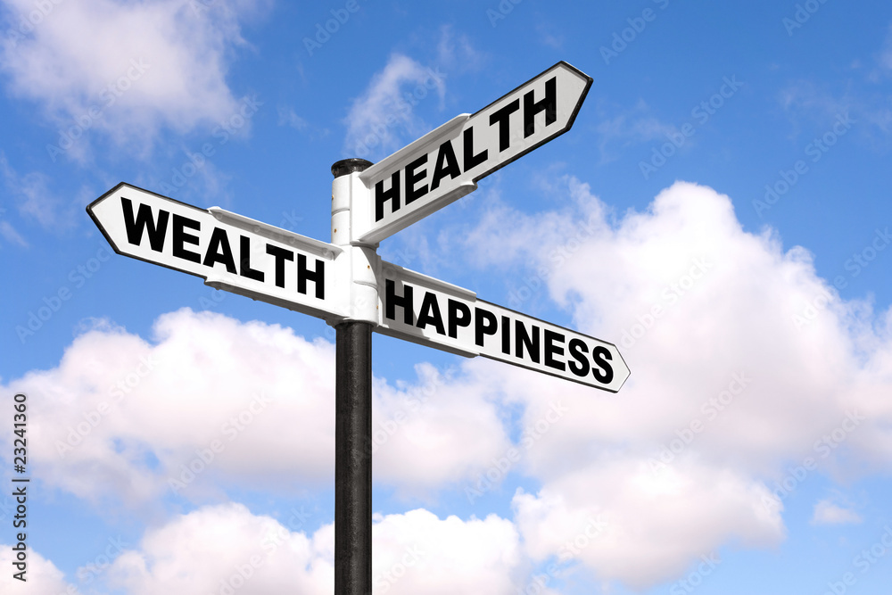 Health Wealth Happiness signpost Health Wealth Happiness signpost