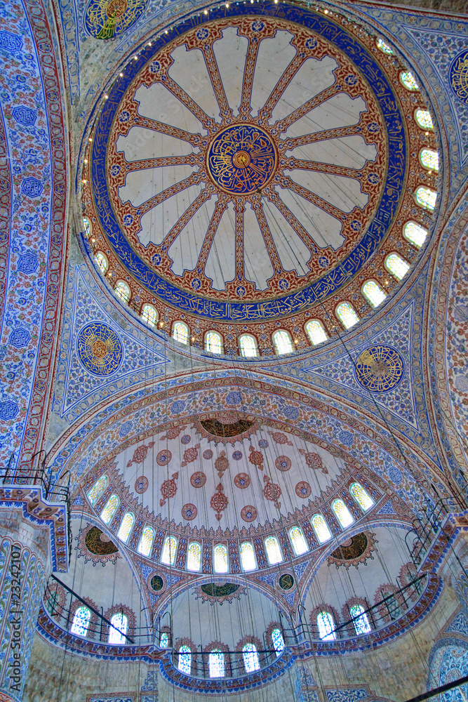 Ornamental interior of famous Blue Mosque, Istanbul, Turkey