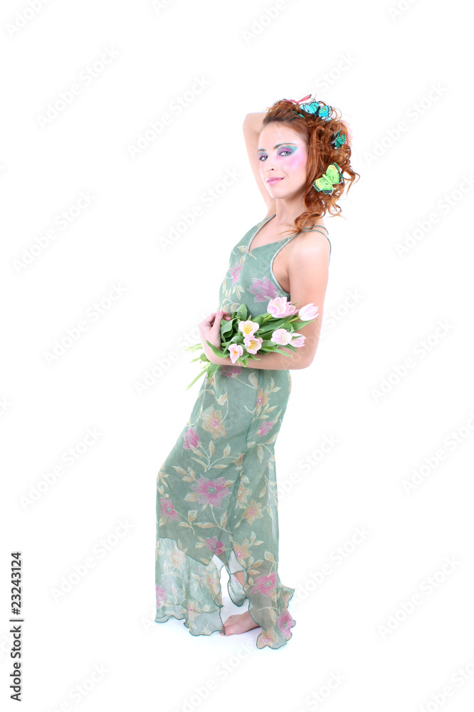Red-haired woman with flowers and butterflies on her head Red-haired woman with flowers and butterflies on her head