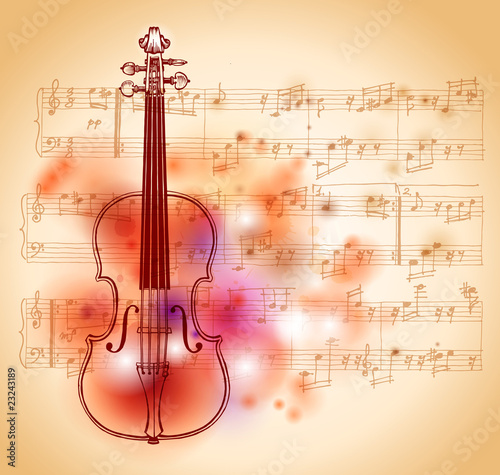 drawing on watercolor background of violin and sheet music