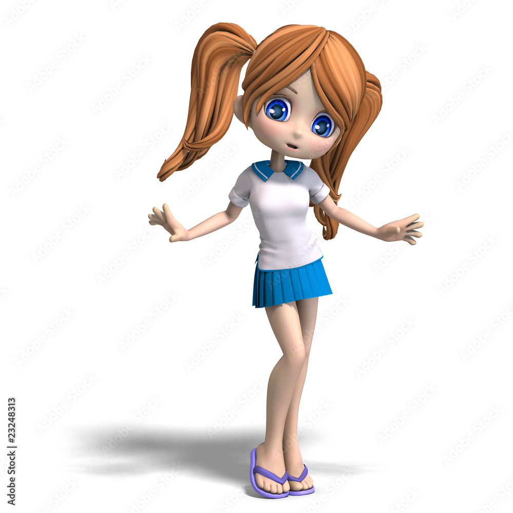 Cute Little Cartoon School Girl With Pigtails 3D Rendering With Stock