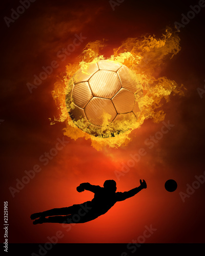 Hot soccer ball on the speed in fires flame photo