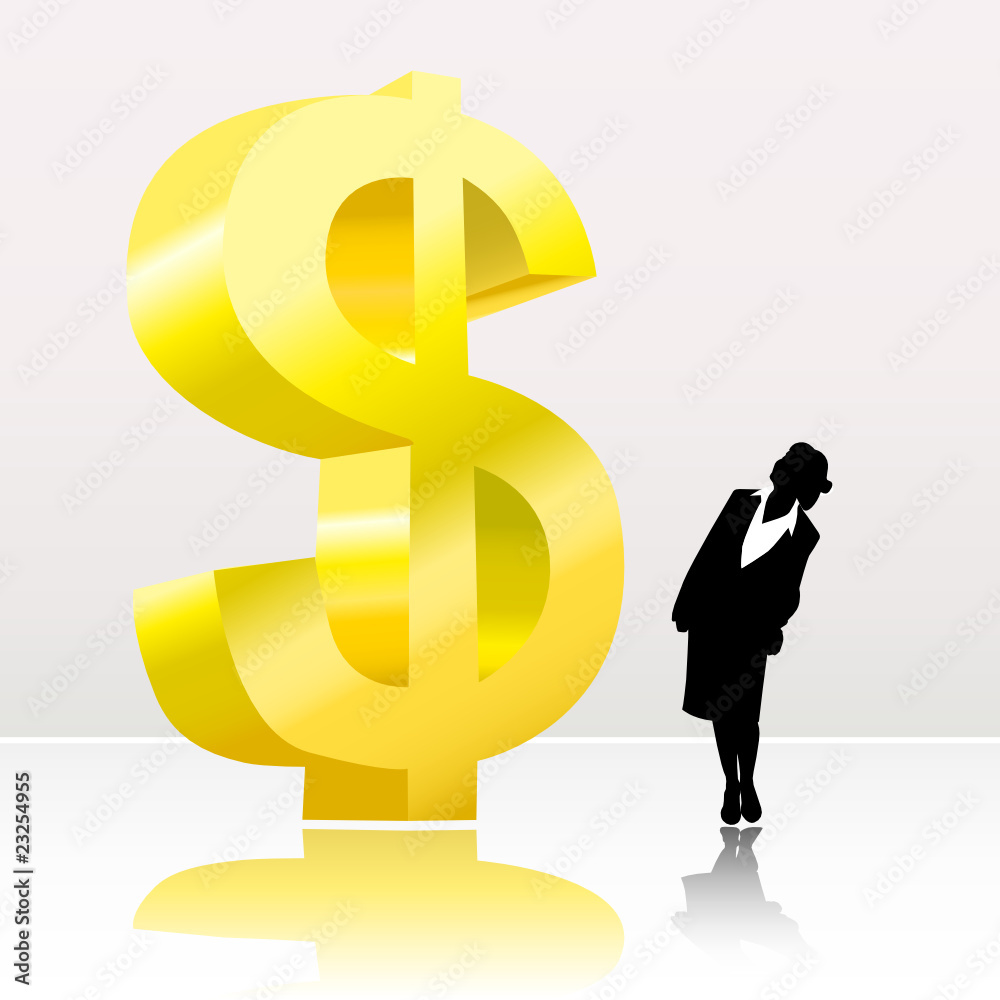 business woman looking big dollar sign business woman looking big dollar sign