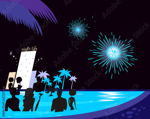 Water party night: People silhouette in pool & fireworks
