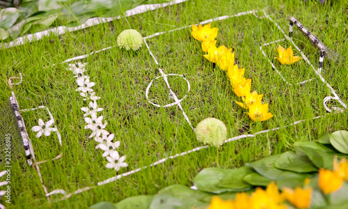 Football field with gates made of grass with many flowers
