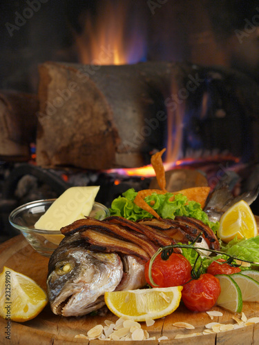 bream with almonds baked in bacon