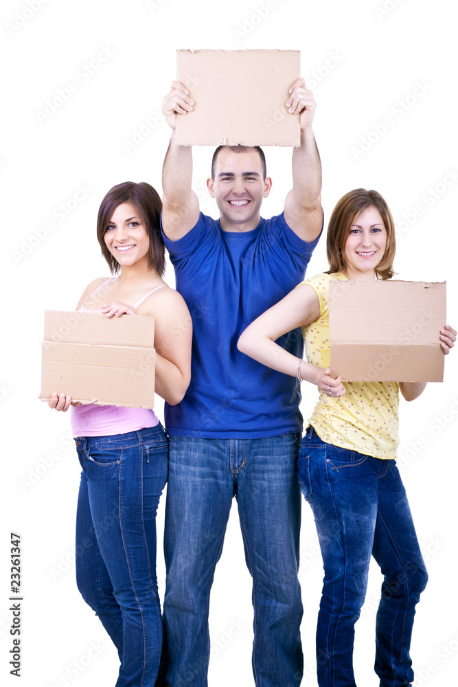 smiling people with blank papers smiling people with blank papers