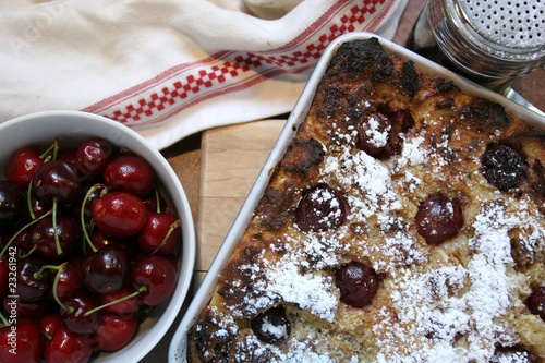 Soufflé with bread and cherries, baked pastries