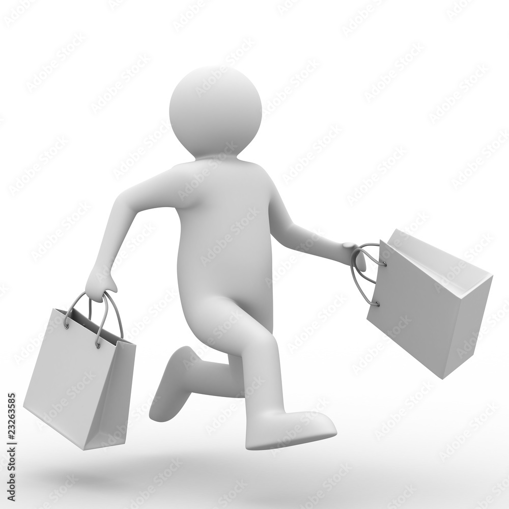 Man with shoping bag on white. Isolated 3D image Man with shoping bag on white. Isolated 3D image