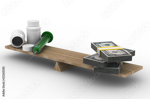 Medicine and money on scales. Isolated 3D image