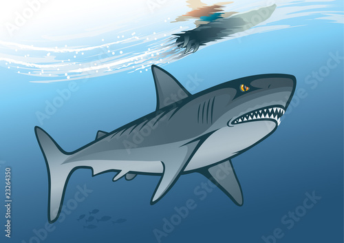 Angry shark and surfer riding on water wave