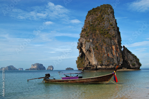 Longtail boat and beautiful carst formations, Thailand