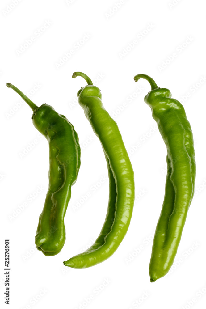 three green chillies isolated on the white background three green chillies isolated on the white background