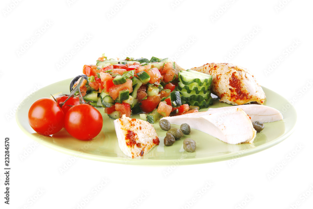 grilled chicken drumstick chunks on green grilled chicken drumstick chunks on green
