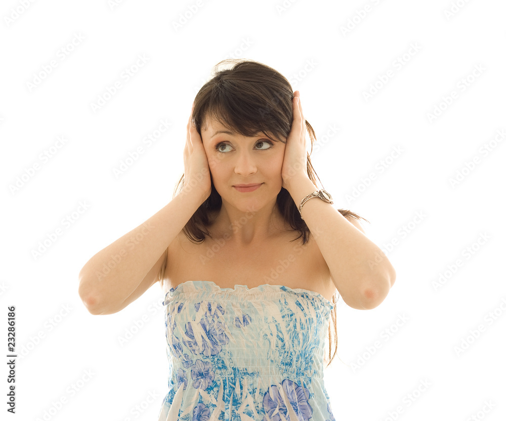 Pretty woman closing the ears with hands Pretty woman closing the ears with hands
