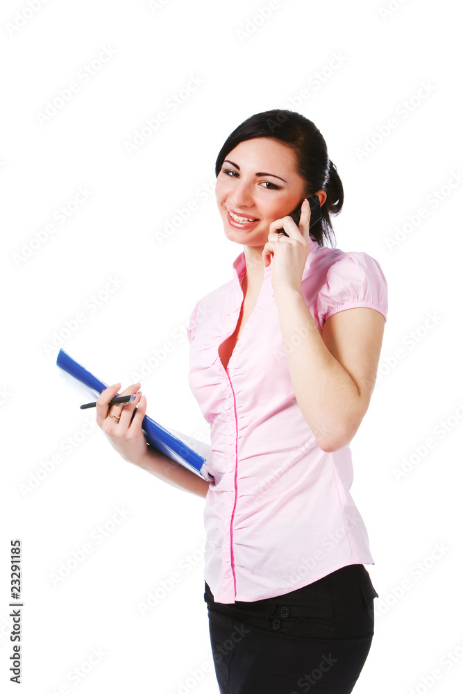 Attractive young girl in pink blouse with papers