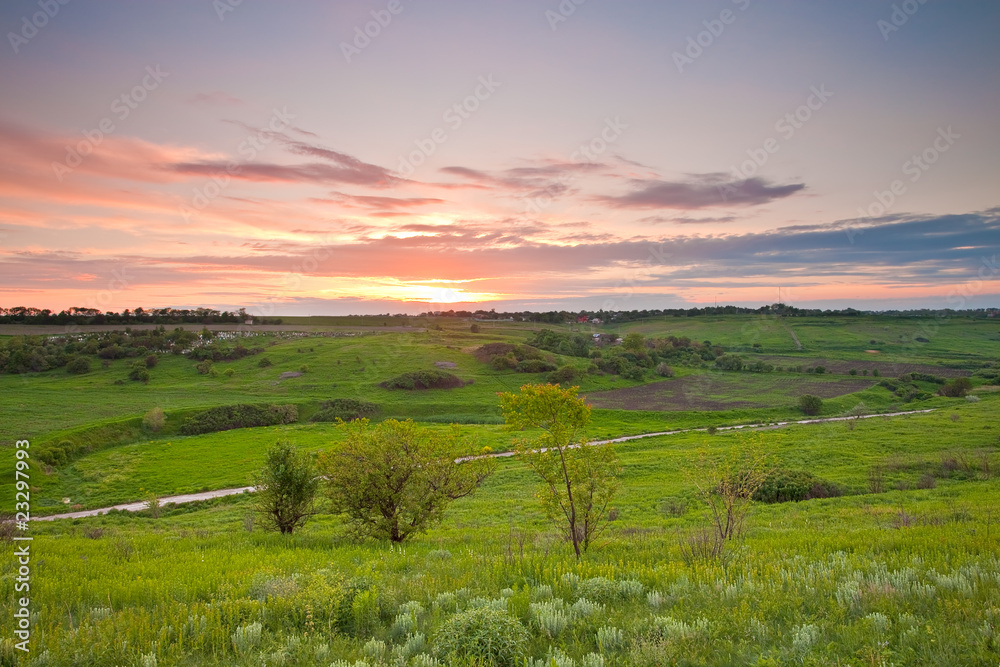 green grassland on sunset