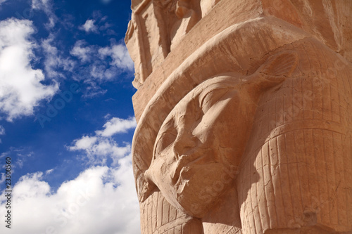 The ancient stone Hathor's head in Egyptian temple