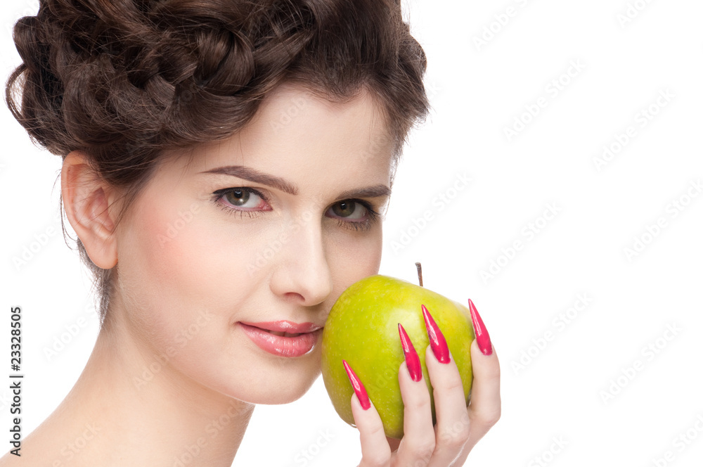 Close up portrait of beauty woman with green apple. Close up portrait of beauty woman with green apple.