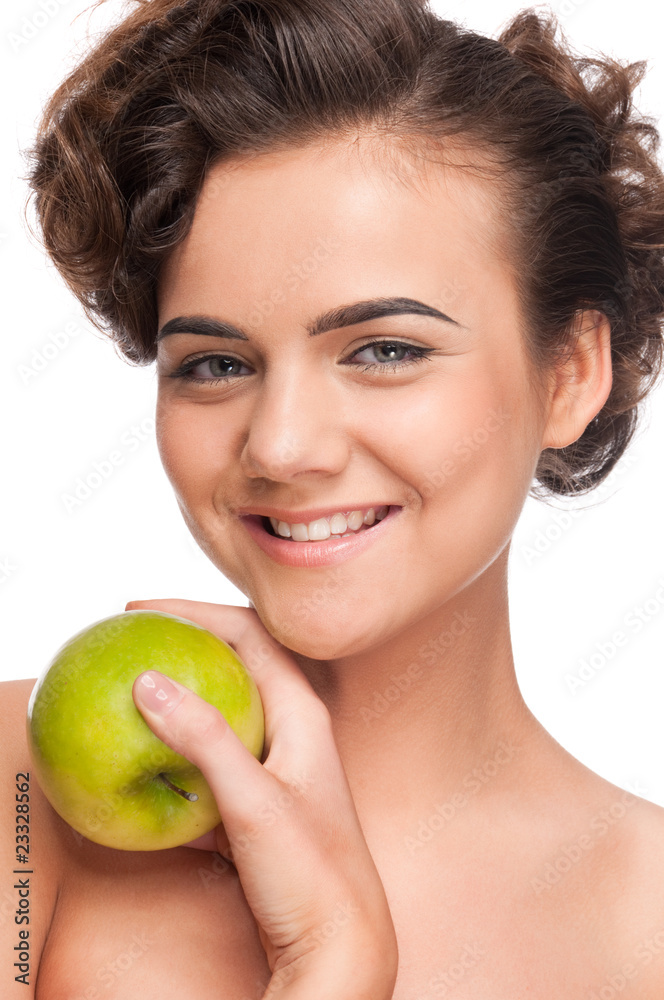 Closeup portrait of beauty woman with green apple Closeup portrait of beauty woman with green apple